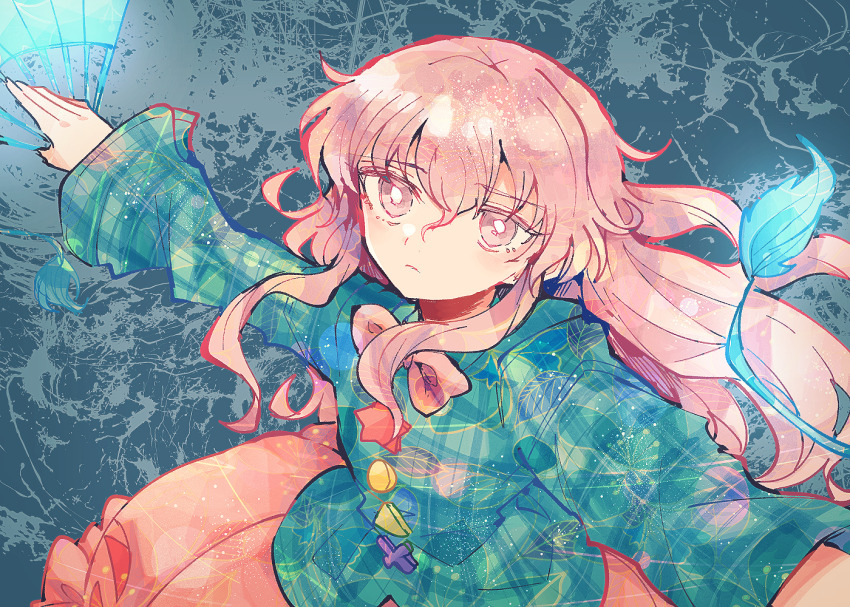 1girl aqua_shirt bright_pupils bubble_skirt closed_mouth commentary_request expressionless folding_fan hair_between_eyes hand_fan hata_no_kokoro holding holding_fan itomugi-kun long_hair long_sleeves orange_skirt outstretched_arms pink_eyes pink_hair plaid_clothes plaid_shirt pleated_skirt shirt skirt solo spread_arms touhou white_pupils