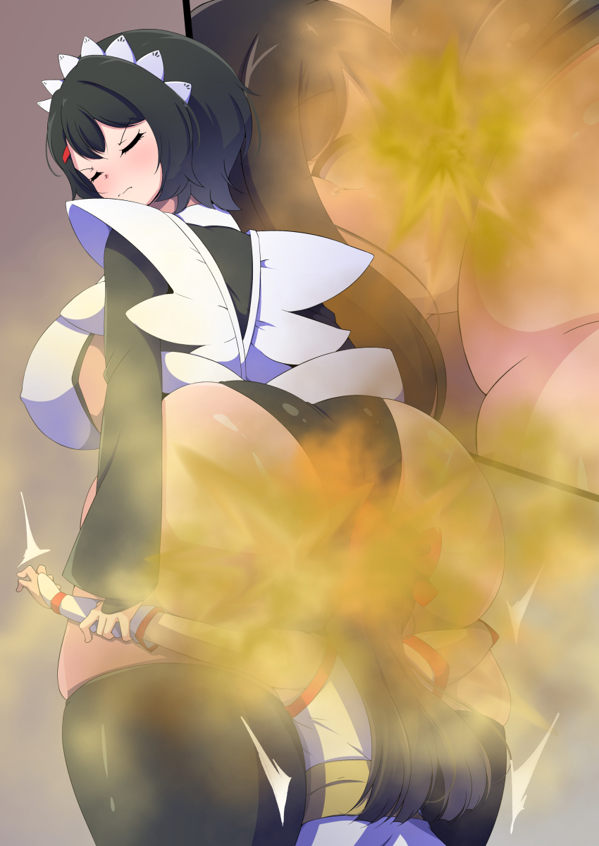 2girls absurdres aimo_(aimo1214) ainu_clothes armpit_peek asphyxiation ass black_hair blush breasts close-up closed_eyes defeat domination fart farting_in_face fingerless_gloves gloves grabbing_another&#039;s_arm hair_ribbon head_on_ass highres huge_ass huge_breasts iroha_(samurai_spirits) legs leotard long_hair maid maid_headdress multiple_girls nakoruru ribbon samurai_spirits short_hair sideboob smell snk tears thick_thighs thighs thong_leotard