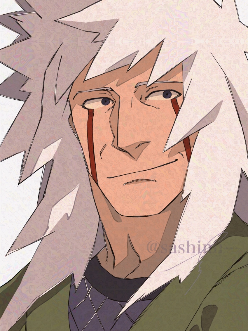 1boy facial_mark highres japanese_clothes jiraiya_(naruto) long_hair looking_to_the_side male_focus naruto_(series) naruto_shippuuden portrait sanpaku sashimi_oran smile solo spiked_hair white_hair