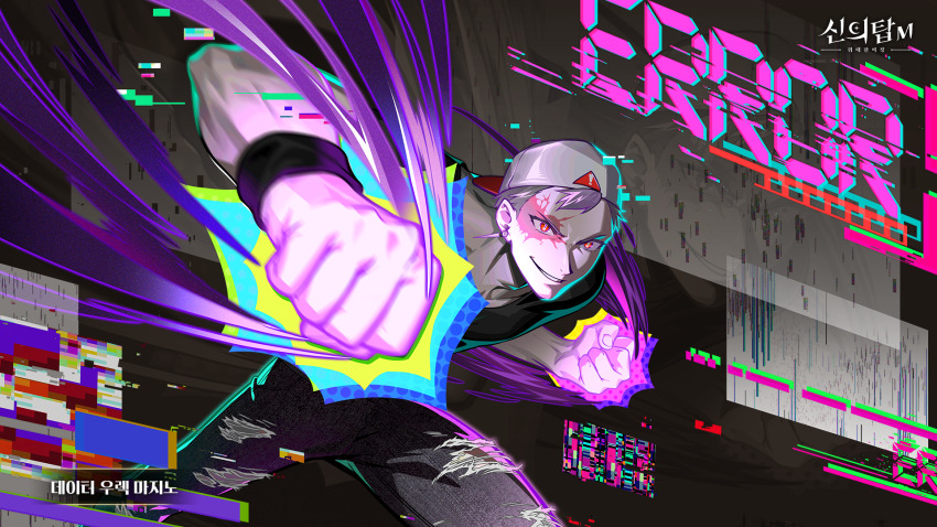 1boy black_jacket black_pants blonde_hair clenched_hands earrings error_message facial_mark game_cg gold_earrings hat highres incoming_attack incoming_punch jacket jewelry long_sleeves looking_at_viewer male_focus motion_blur motion_lines pants punching red_eyes short_hair smile solo sunsumizu teeth tower_of_god tower_of_god:_great_journey urek_mazino urek_mazino_(data)
