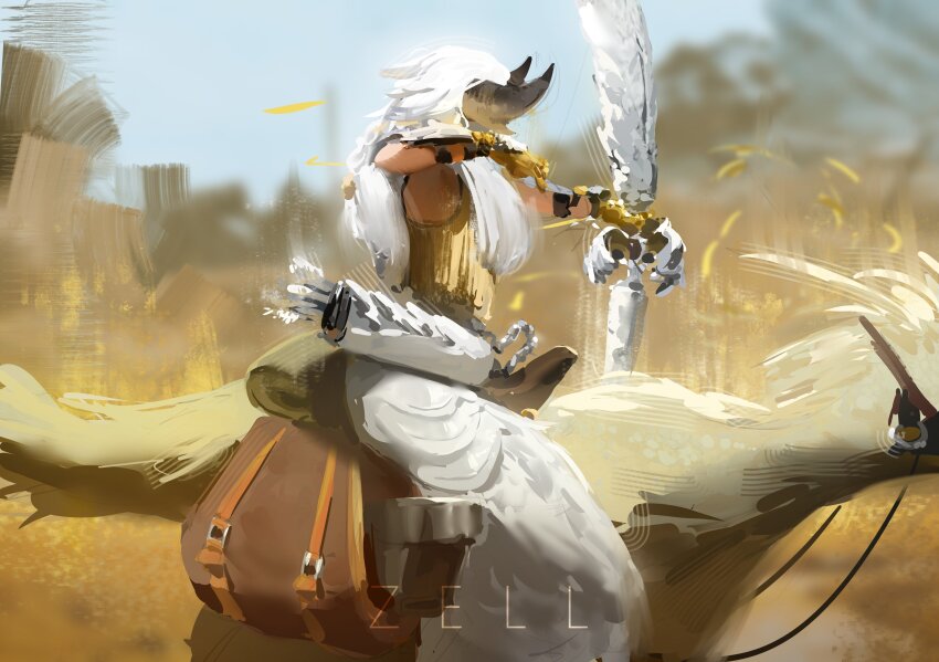 1girl absurdres aiming arkveld_(armor) armor arrow_(projectile) blurry blurry_background bow_(weapon) braid brush_stroke day dynamic_pose facing_away faux_traditional_media field from_side gloves highres holding holding_bow_(weapon) holding_weapon horns long_hair monster_hunter_(series) monster_hunter_wilds outdoors painterly pants quiver riding sleeveless solo sunlight takoyoomi weapon white_hair