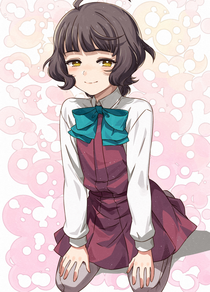 1girl ahoge aqua_bow aqua_bowtie blue_bow blue_bowtie blunt_bangs blush bow bowtie brown_eyes brown_hair clover_background dress grey_pantyhose highres kanmiya_shinobu kantai_collection kishinami_(kancolle) long_sleeves looking_at_viewer one-hour_drawing_challenge pantyhose pink_background pleated_dress purple_dress school_uniform shirt short_hair sitting smile solo wariza wavy_hair white_shirt