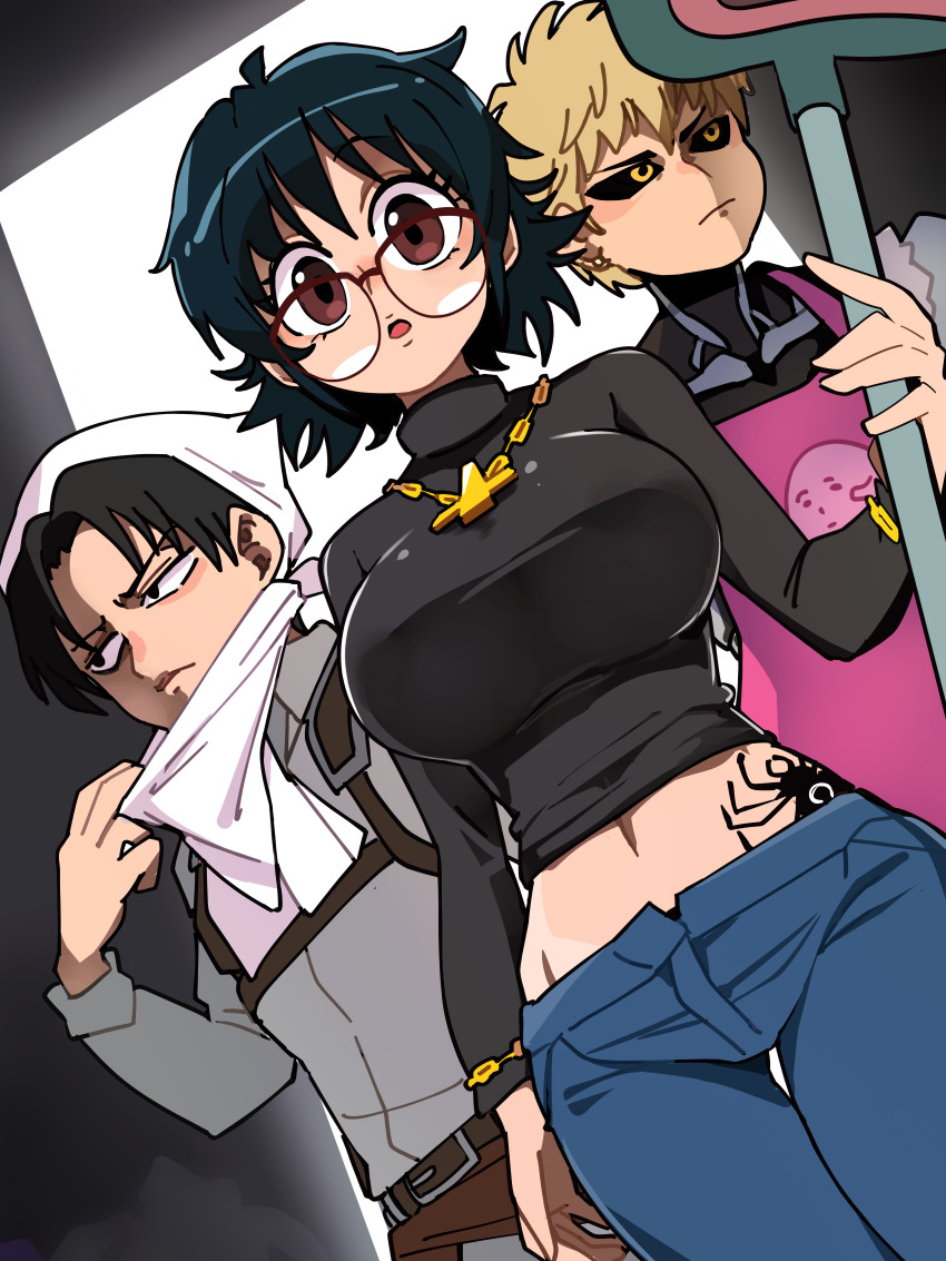 1girl 2boys absurdres black_hair black_sclera black_sweater blonde_hair bongfill breasts brown-framed_eyewear brown_eyes closed_mouth colored_sclera crossover denim genos glasses highres hunter_x_hunter jeans large_breasts levi_(shingeki_no_kyojin) long_sleeves looking_at_viewer multiple_boys navel one-punch_man pants parted_lips shingeki_no_kyojin shizuku_murasaki sweater yellow_eyes