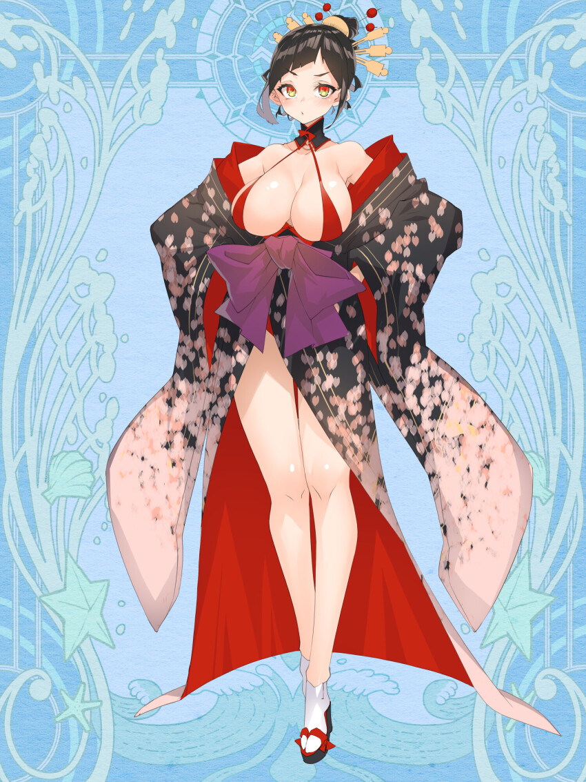 1girl blue_background blush breasts character_request comb dairoku_ryouhei fuji_(tw) full_body gradient_eyes hair_ornament hair_stick hair_up highres japanese_clothes kimono large_breasts long_neck looking_at_viewer multicolored_eyes print_kimono range_eyes short_hair socks solo standing white_socks
