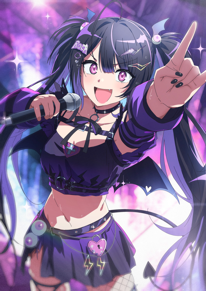 1girl \n/ absurdres belt black_hair black_nails blurry blurry_background breasts commentary commission commissioner_upload demon_tail demon_wings fang hair_ornament hairclip highres holding holding_microphone chromashift microphone misaki_nonaka navel open_mouth purple_eyes purple_hair purple_skirt roca_rourin_(vtuber) skeb_commission skirt small_breasts tail twintails virtual_youtuber wings