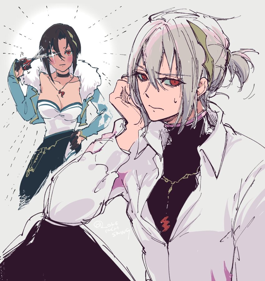 1boy 1girl black_choker black_hair breasts brother_and_sister choker cleavage cropped_jacket fire_emblem fire_emblem_engage fur-trimmed_jacket fur_trim highres jacket jewelry large_breasts necklace nel_(fire_emblem) nintendo rafal_(fire_emblem) red_eyes siblings umi_(_oneinchswing) white_hair