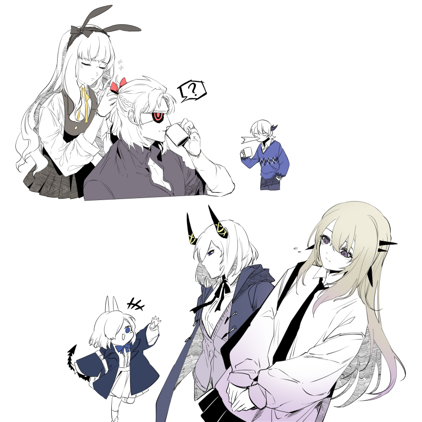 +++ 2boys 4girls ? absurdres alchemy_stars alternate_costume amol_0522 animal_ears areia_(alchemy_stars) bethel_(alchemy_stars) black_skirt blonde_hair blue_coat blue_eyes bow bracelet casual closed_eyes closed_mouth coat collar collared_shirt corax_(alchemy_stars) cup cuscuta_(alchemy_stars) dress drinking eyepatch fake_animal_ears flying_sweatdrops hair_bow hairband hand_in_pocket highres holding holding_cup horns jane_(alchemy_stars) jewelry long_hair long_sleeves multiple_boys multiple_girls multiple_views neck_ribbon necktie partially_colored pinafore_dress rabbit_ears ribbon shirt short_hair skirt sleeveless_dress spikes spit_take spitting spoken_question_mark sweater_vest tail taki_(alchemy_stars) v_arms