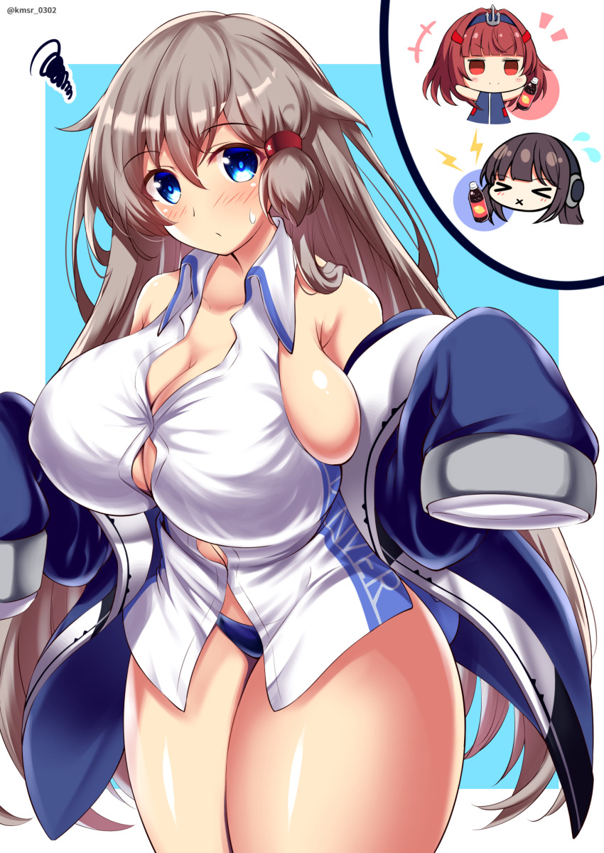 3girls anchor_hair_ornament azur_lane birmingham_(azur_lane) blue_coat blue_eyes blue_panties blunt_bangs blush bottle breasts brown_hair bursting_breasts character_request chibi chibi_inset cleavage closed_mouth coat collared_shirt commentary_request covered_erect_nipples denver_(azur_lane) drink flying_sweatdrops hair_between_eyes hair_ornament hairband highres holding holding_drink huge_breasts kamishiro_(kmsr0302) lightning_bolt_symbol long_hair long_island_(azur_lane) looking_at_viewer multiple_girls panties red_eyes reeds shirt squiggle standing thighs twitter_username underwear very_long_hair white_shirt x_mouth