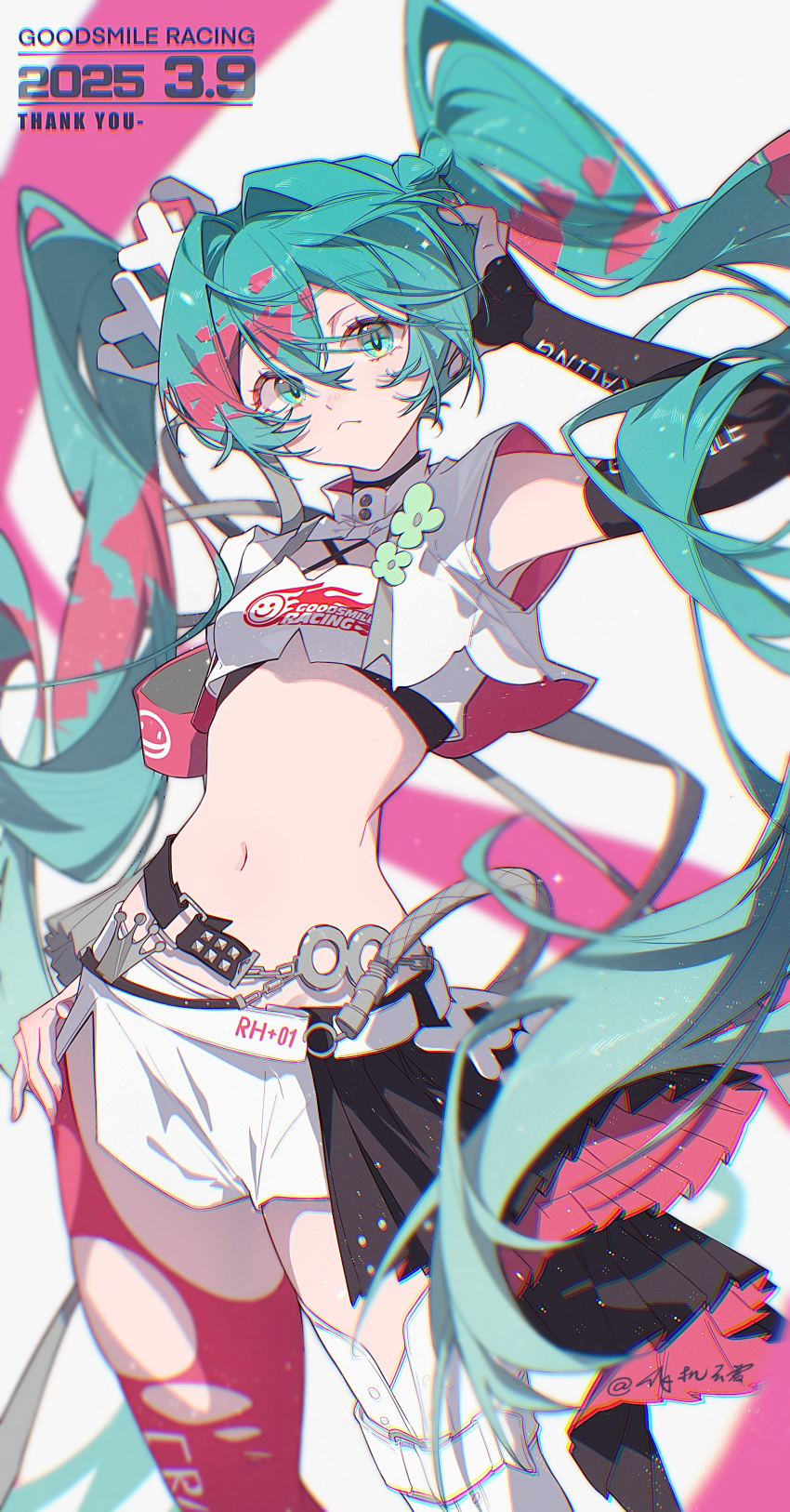 1girl absurdres aqua_eyes aqua_hair artist_name asymmetrical_legwear chromatic_aberration closed_mouth cloudyman commentary cowboy_shot dated goodsmile_racing hand_on_own_hip hatsune_miku highres long_hair midriff mismatched_legwear navel racing_miku racing_miku_(2025) short_shorts shorts solo torn_clothes twintails very_long_hair vocaloid