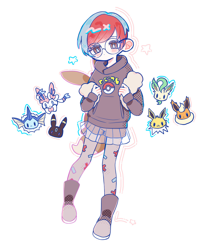 1girl :3 absurdres backpack bag blue_hair blush boots brown_eyes closed_mouth eevee_backpack eyelashes flareon full_body gen_1_pokemon gen_2_pokemon gen_4_pokemon gen_6_pokemon glasses grey_boots grey_hoodie grey_pantyhose grey_shorts highres hood hood_down hoodie jolteon leafeon multicolored_hair nintendo pantyhose penny_(pokemon) poipoimelong pokemon pokemon_(creature) pokemon_sv print_pantyhose red_hair round_eyewear see-through_clothes see-through_skirt short_hair shorts skirt smile solo_focus star_(symbol) sylveon two-tone_hair umbreon vaporeon very_short_hair