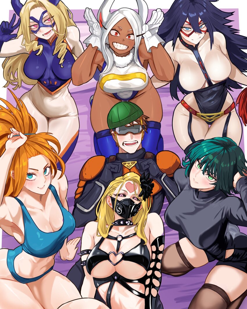 1boy 6+girls absurdres animal_ears black_hair blonde_hair boku_no_hero_academia bondage_outfit breasts captain_mizuki cleavage crossover dark-skinned_female dark_skin domino_mask fubuki_(one-punch_man) grin hair_between_eyes harem helmet highleg highleg_leotard highres imminent_gangbang kaijin_hime_do-s large_breasts leotard long_hair looking_at_viewer mask midnight_(boku_no_hero_academia) mirko mount_lady multiple_girls mumen_rider one-punch_man open_mouth orange_hair rabbit_ears rabbit_girl rabbit_pose short_hair smile toned toned_female underboob vlizz vlizzyvlizz117 white_hair