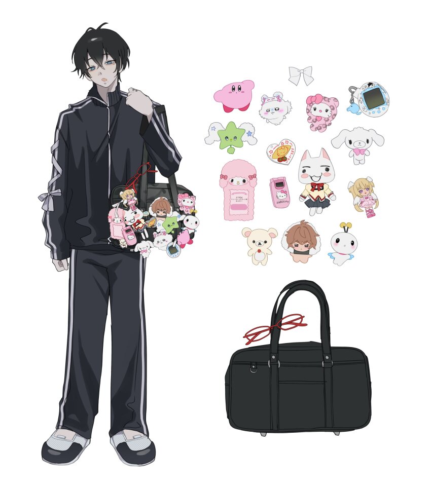 1boy absurdres bag_charm black_bag black_jacket black_pants cali_kki character_charm character_doll character_request charm_(object) chiikawa commentary copyright_request cosplay doko_demo_issho doll heisei_retro hello_kitty hello_kitty_(character) highres inoue_toro jacket kaname_madoka kaname_madoka_(cosplay) kirby kirby_(series) korilakkuma kuchipatchi mahou_shoujo_madoka_magica male_focus mamametchi mametchi memetchi momonga_(chiikawa) my_sweet_piano nintendo original pants san-x sanrio school_uniform shirousa_(sugarbunnies) shoes short_hair simple_background solo standing sugarbunnies symbol-only_commentary tamagotchi tamagotchi_(classic) tamagotchi_(virtual_pet) track_jacket virtual_pet_(toy) what&#039;s_in_my_bag white_background white_shoes