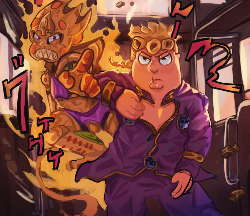 blonde_hair chris_griffin cleft_chin closed_mouth cosplay evil_monkey_(family_guy) family_guy giorno_giovanna giorno_giovanna&#039;s_pose_(jojo) giorno_giovanna_(cosplay) gold_experience gold_experience_requiem gold_experience_requiem_(cosplay) hair_rings jacket jojo_no_kimyou_na_bouken jojo_pose pants pointing pointing_at_viewer profocey purple_jacket purple_pants sharp_teeth teeth train_interior vento_aureo