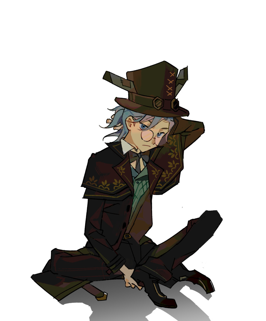 1boy absurdres black_necktie blue_eyes blue_hair brown_capelet brown_coat brown_hat brown_pants brown_shoes capelet character_request chinese_commentary chuanhua closed_mouth coat collared_shirt commentary_request copyright_request glasses green_vest hat highres male_focus necktie open_clothes open_coat pants round_eyewear shirt shoes short_hair sitting solo vest white_background white_shirt