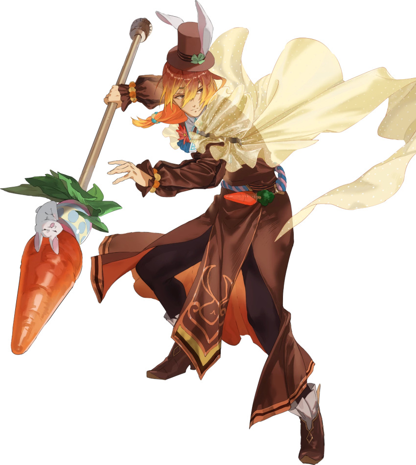 1boy animal_ears brown_eyes circlet fake_animal_ears fire_emblem fire_emblem_echoes:_shadows_of_valentia fire_emblem_heroes full_body hat hat_with_ears highres holding holding_polearm holding_weapon long_hair low-tied_long_hair luthier_(fire_emblem) luthier_(spring)_(fire_emblem) male_focus mayo_(becky2006) nintendo non-web_source official_art orange_hair pointy_footwear polearm rabbit_ears solo transparent_background weapon