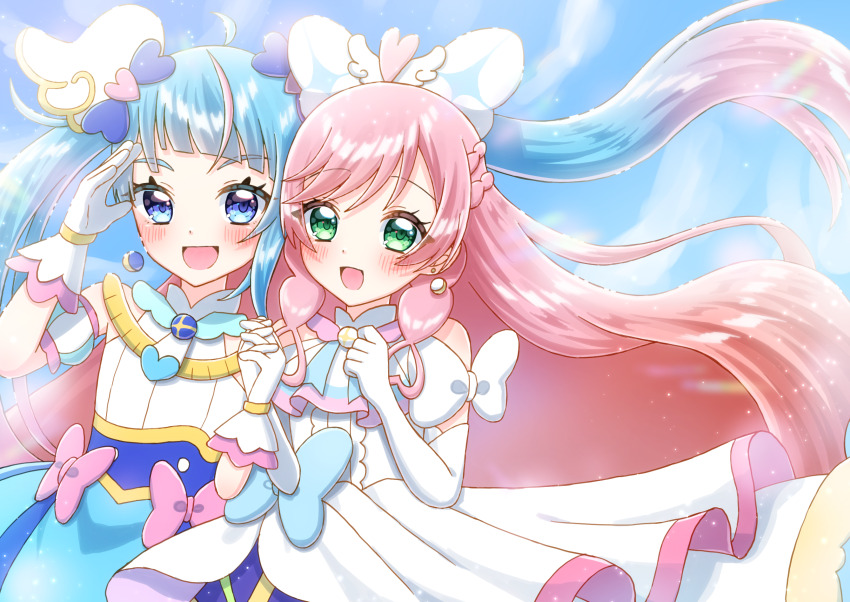 2girls artist_name arupaka565656 ascot blue_bow blue_cape blue_dress blue_eyes blue_hair bow braid brooch cape center_frills commentary_request crown_braid cure_prism cure_sky cut_bangs detached_sleeves dress dress_bow earclip earrings elbow_gloves feathers frilled_dress frills fringe_trim glove_bow gloves green_eyes hair_bow hair_ornament highres hirogaru_sky!_precure holding_hands jewelry layered_dress long_hair looking_at_viewer magical_girl medium_dress multicolored_hair multiple_girls nijigaoka_mashiro open_mouth pink_bow pink_hair pixiv_username precure puffy_detached_sleeves puffy_sleeves single_earring sleeveless sleeveless_dress smile sora_harewataru standing streaked_hair twintails two-sided_cape two-sided_fabric two-tone_dress two-tone_hair very_long_hair white_ascot white_bow white_dress white_feathers white_gloves wing_brooch wing_hair_ornament