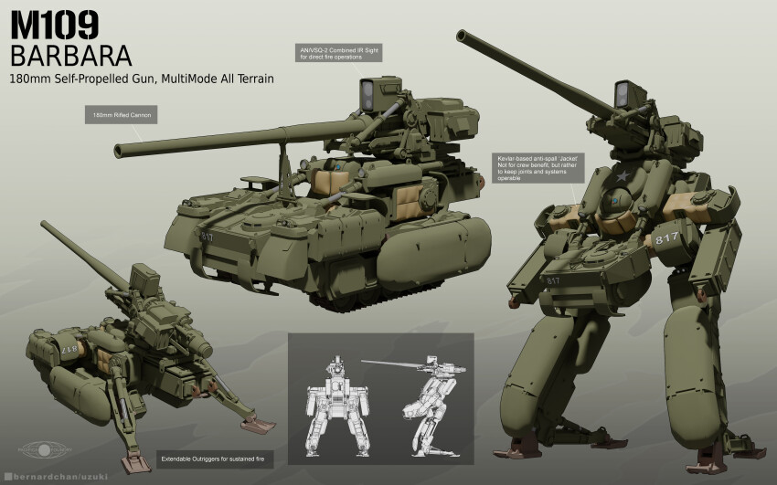 3d absurdres alternate_universe blender_(medium) cannon caterpillar_tracks character_name cold_war commentary concept_art english_commentary english_text highres light machinery mecha mecha_focus military military_vehicle motor_vehicle multiple_views no_humans original photoshop_(medium) realistic robot science_fiction tank united_states_army uzuki_(uzukinokaze) vietnam_war walker_(robot)