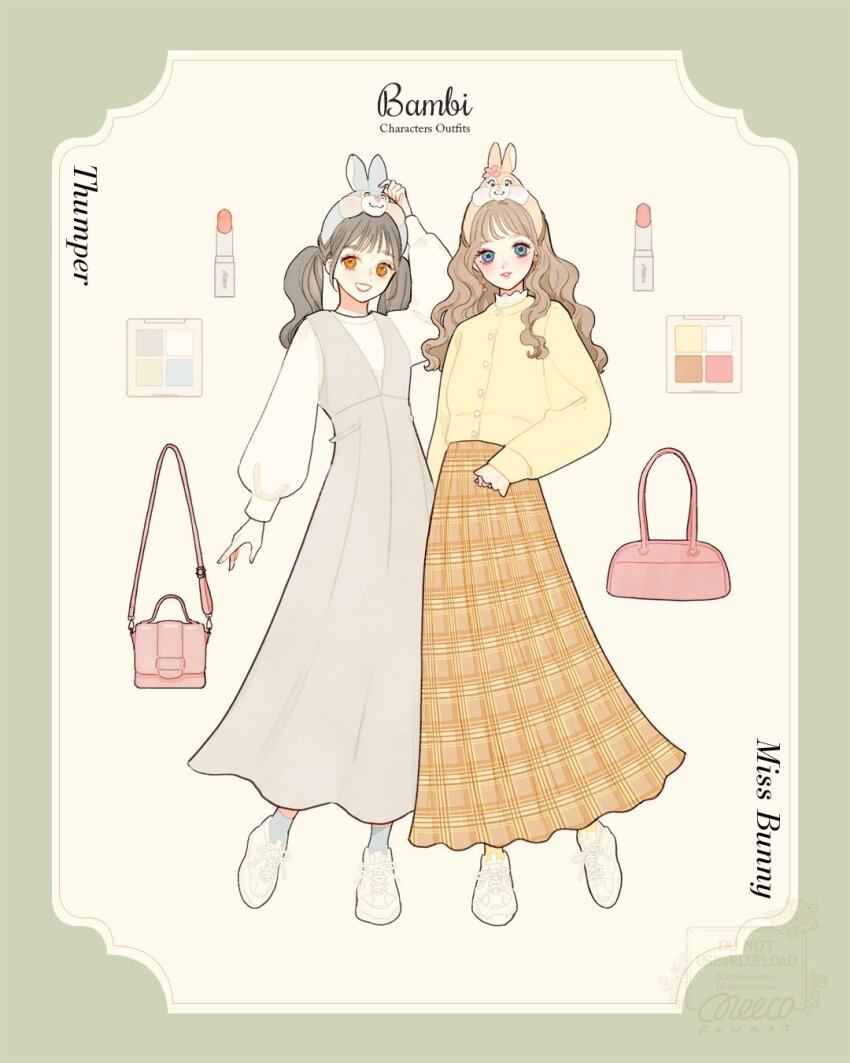 2girls animal_ears animification bambi_(movie) dress fake_animal_ears full_body genderswap grey_hair hairband highres long_hair long_sleeves looking_at_viewer meecosme miss_bunny multiple_girls open_mouth shirt short_hair smile thumper_(bambi) twintails wavy_hair
