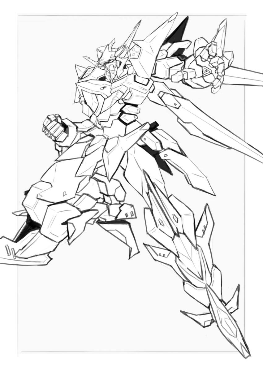 black_border border clenched_hand commentary english_commentary greyscale highres kadej looking_ahead mecha monochrome no_humans oobari_masami_(style) open_hand original robot science_fiction solo