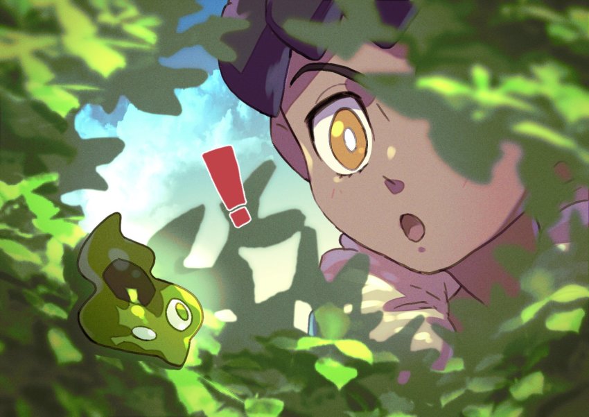 1boy :o blurry bright_pupils commentary dark-skinned_male dark_skin day fur-trimmed_jacket fur_trim game_freak gen_6_pokemon highres hop_(pokemon) jacket komame_(st_beans) leaf legendary_pokemon male_focus nintendo open_mouth outdoors pokemon pokemon_(creature) pokemon_swsh purple_hair short_hair symbol-only_commentary tongue white_pupils yellow_eyes zygarde zygarde_cell