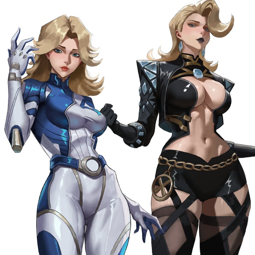 2girls akinoshi_art alternate_costume black_lips black_panties black_thighhighs blonde_hair blue_bodysuit blue_eyes bodysuit breasts bridal_gauntlets diamond_earrings earrings emma_frost emma_frost_(x-revolution) eyeshadow fantastic_four fishnet_bridal_gauntlets gloves highres jewelry large_breasts leotard lipstick long_hair makeup marvel marvel_rivals multiple_girls official_alternate_costume panties red_lips simple_background sue_storm superhero_costume thighhighs two-tone_bodysuit underwear upper_body white_background white_bodysuit x-men
