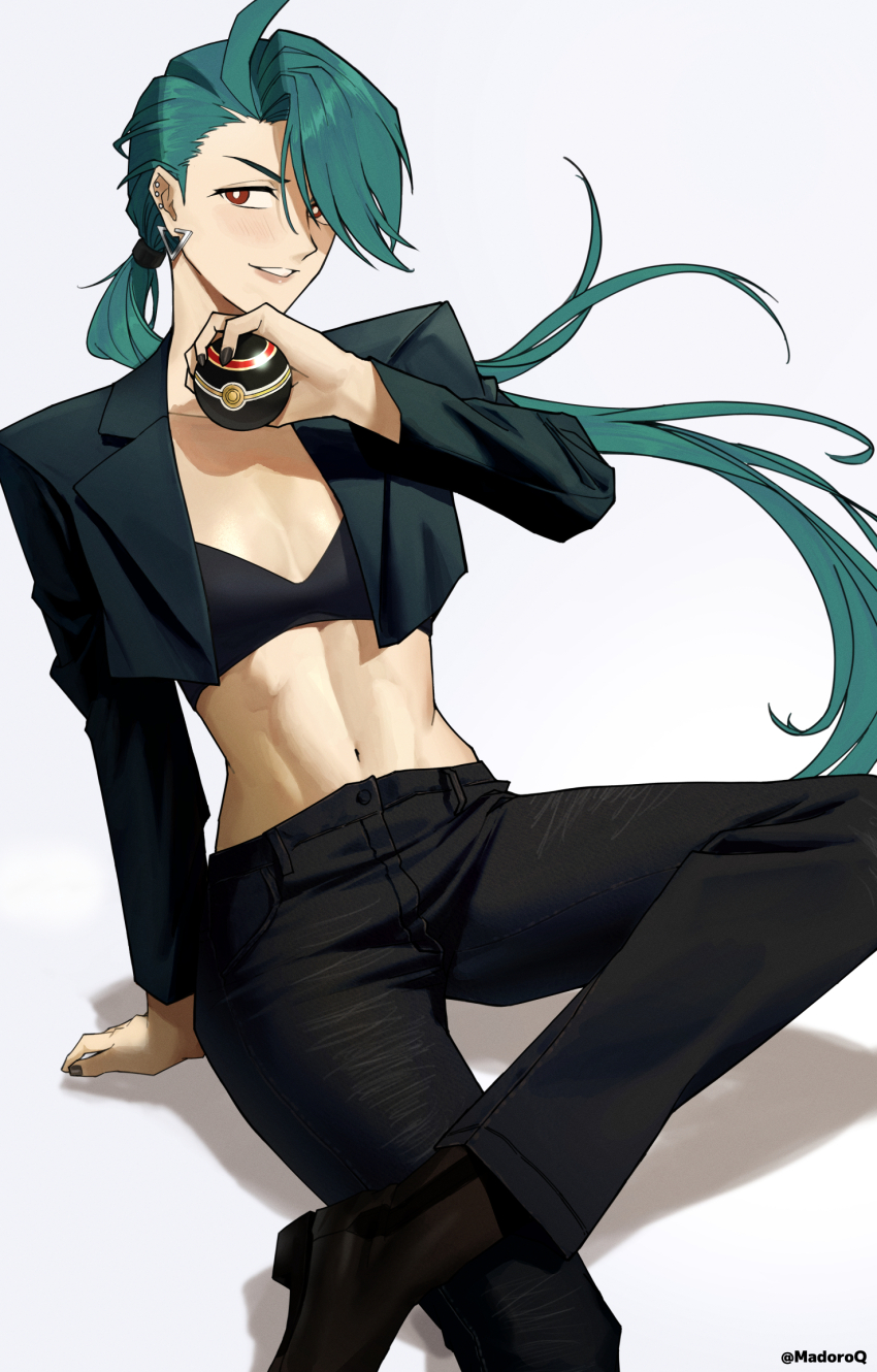 1girl abs ahoge alternate_costume arm_support black_bra black_jacket black_pants bra bright_pupils commentary_request creatures_(company) cropped_jacket crossed_legs game_freak green_hair grin highres holding holding_poke_ball jacket leaning_back long_hair luxury_ball madoro_q nail_polish navel nintendo pants poke_ball pokemon pokemon_sv ponytail red_eyes rika_(pokemon) smile solo stomach teeth twitter_username underwear white_background white_pupils