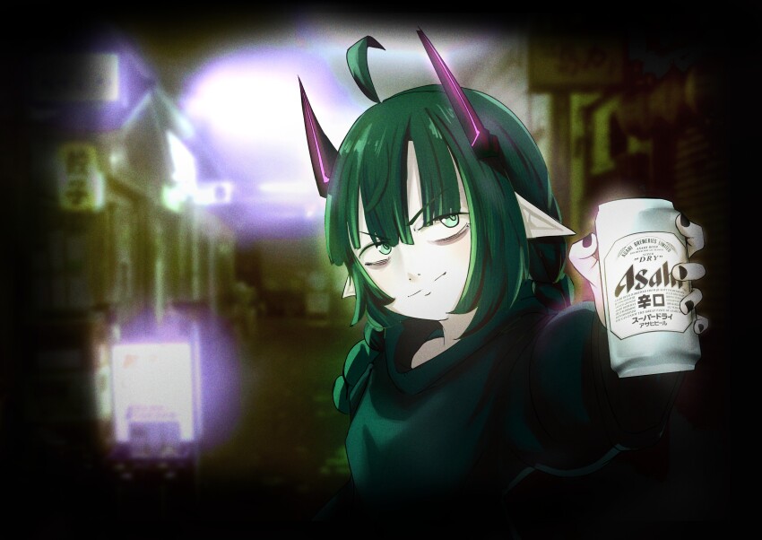 1girl a_dogart absurdres ahoge braid child closed_mouth dark_background elfinpsyop green_eyes green_hair highres holding_beer horns indie_virtual_youtuber mechanical_horns neck pointy_ears solo tired_eyes twin_braids