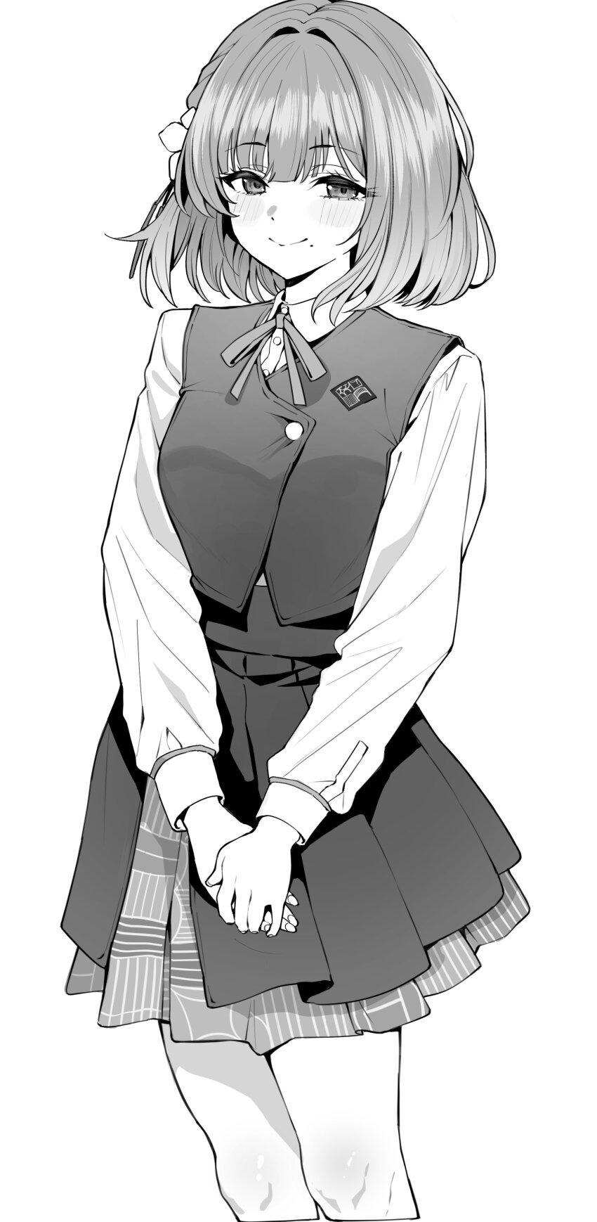 1girl absurdres bare_legs cropped_legs gakuen_idolmaster greyscale hataya_misuzu hatsuboshi_gakuen_school_uniform highres idolmaster long_sleeves looking_at_viewer mole mole_under_mouth monochrome neck_ribbon overskirt own_hands_together pleated_skirt ramanda ribbon school_uniform shirt short_hair simple_background skirt skirt_set smile solo white_background