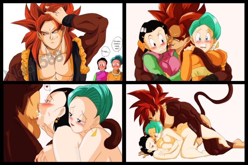 1boy 2girls bulma chi-chi_(dragon_ball) couple doggystyle dragon_ball dragon_ball_gt fellatio fusion fusion_dance gogeta highres husband_and_wife multiple_girls muscular muscular_male nala1588 oral red_hair sex sex_from_behind son_goku super_saiyan super_saiyan_4 tagme tail vegeta
