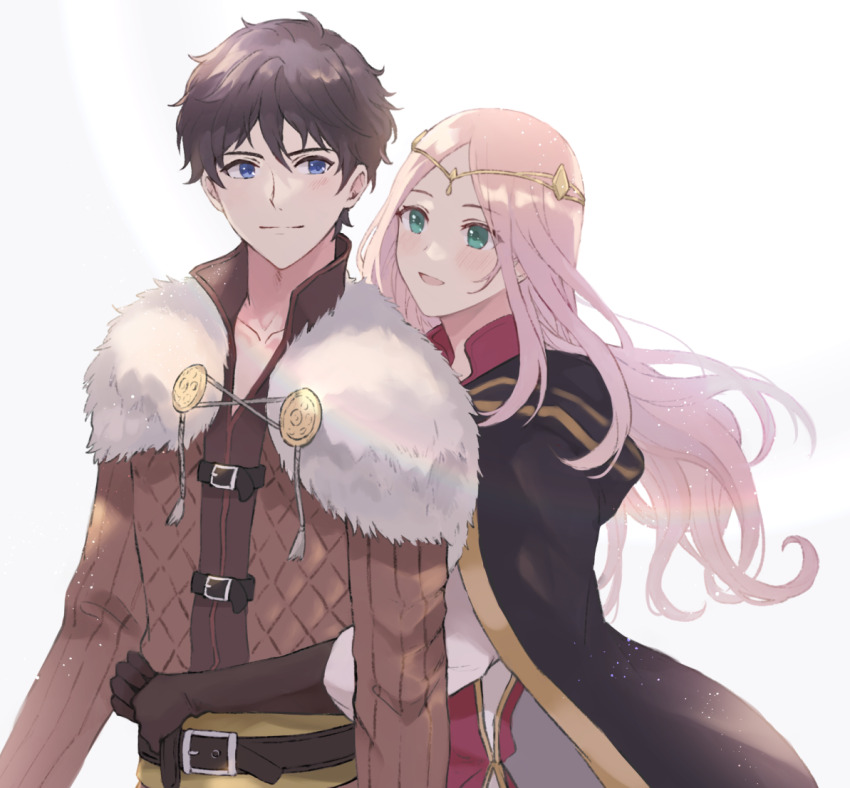 1boy 1girl blue_eyes blush brown_hair cape capelet circlet frederica_aesfrost fur_capelet green_eyes hetero hug hug_from_behind long_hair pink_hair serenoa_wolffort simple_background smile triangle_strategy upper_body white_background wspread