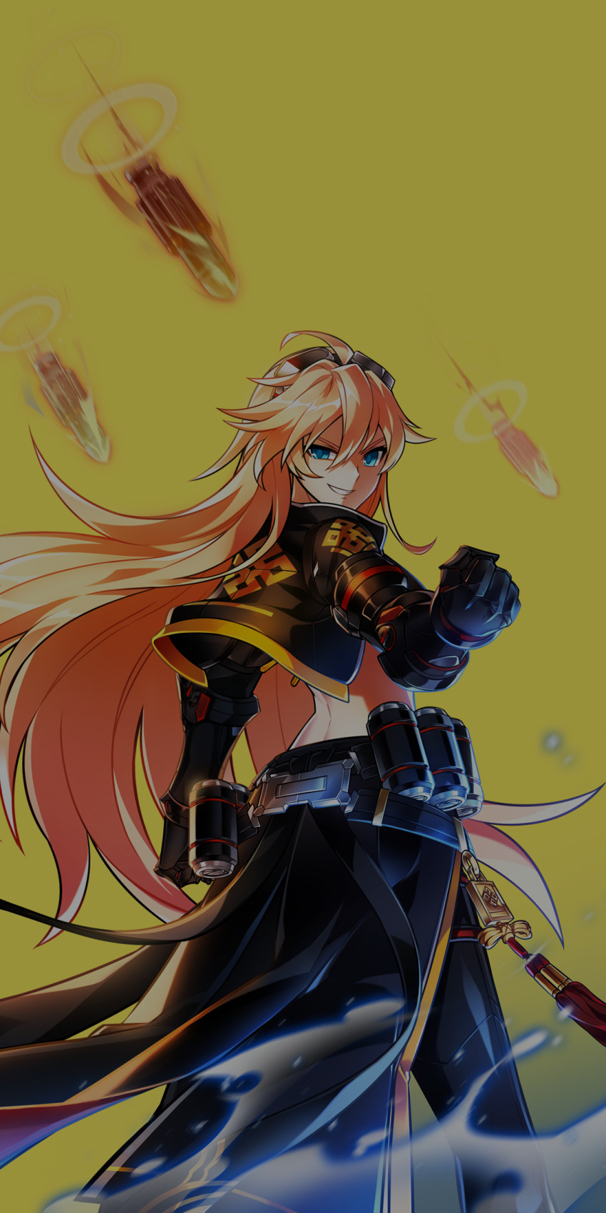 1girl ahoge belt black-framed_eyewear black_belt black_capelet black_gloves black_pants black_shirt black_skirt blonde_hair blue_eyes blue_fire bracer capelet clenched_hand cowboy_shot determined elsword embers fire gloves goggles goggles_on_head hair_between_eyes highres hwansang long_hair long_skirt long_sleeves looking_at_viewer magazine_(weapon) midriff official_art open_mouth pants pants_under_skirt pointy_nose rose_(elsword) second-party_source shaded_face shirt side_slit simple_background skirt smirk solo standing teeth torn_clothes torn_skirt very_long_hair yellow_background