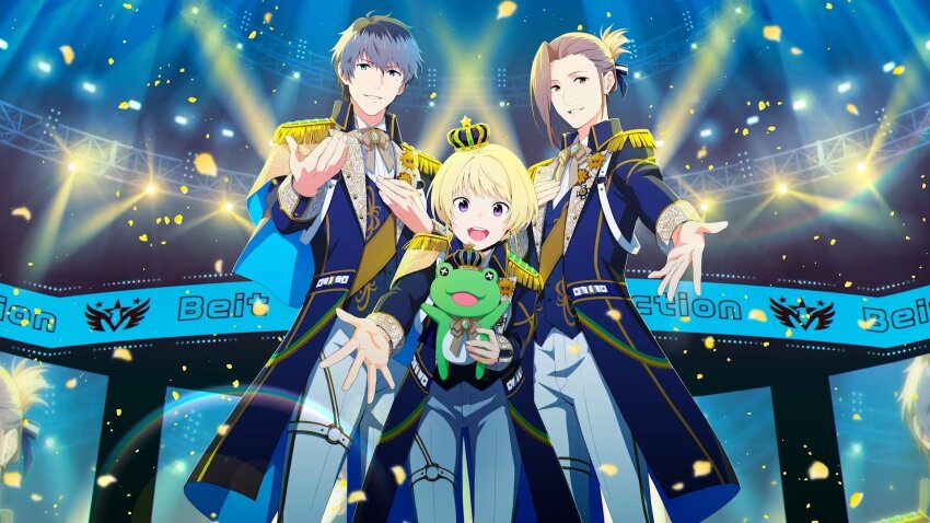 3boys beit_(idolmaster) black_hair blonde_hair brown_hair cowboy_shot crown earrings epaulettes fingernails green_eyes grey_hair heterochromia highres idol idolmaster idolmaster_side-m jewelry kaerre long_sleeves looking_at_viewer male_focus mini_crown multicolored_hair multiple_boys official_art open_mouth outstretched_hand pierre_bichelberger purple_eyes smile stage_lights stuffed_animal stuffed_frog stuffed_toy takajo_kyoji two-tone_hair watanabe_minori