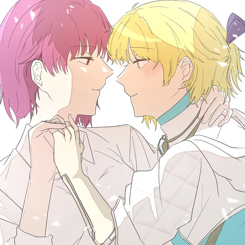 blonde_hair blush bow elbow_gloves face-to-face gloves green_eyes hand_on_another&#039;s_neck heaven_burns_red highres m0sa_4 nanase_nanami_(heaven_burns_red) purple_hair red_eyes shirt short_hair tezuka_saki white_shirt yuri