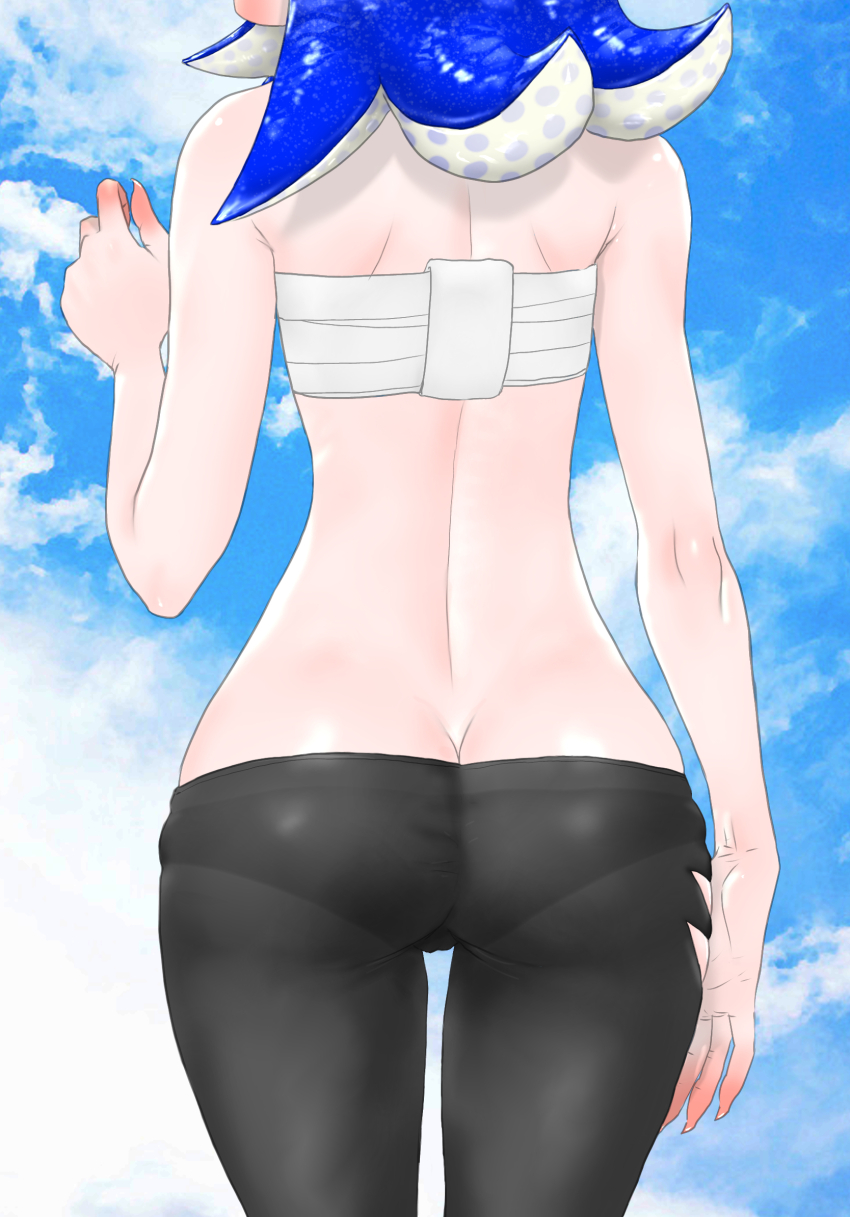 1girl arm_up ass back back_focus black_pants blue_hair blue_sky butt_crack cameltoe chest_sarashi cloud commentary_request from_behind highres koharu2.5 median_furrow nintendo octoling pants sarashi see-through_clothes see-through_pants shiver_(deep_cut_outfit)_(splatoon) shiver_(splatoon) sky solo splatoon_(series) splatoon_3 standing tentacle_hair