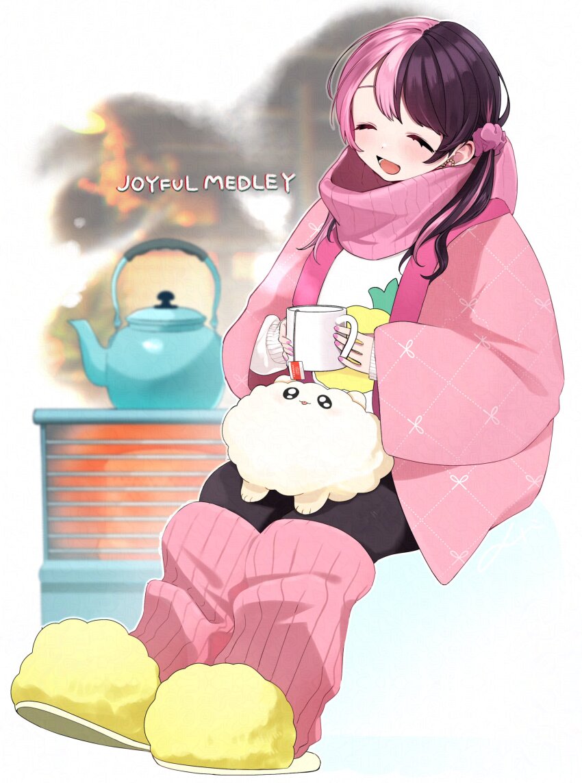 1girl absurdres amaki_pururu black_hair closed_eyes cup heater highres holding holding_cup jacket kettle koe_01_03 multicolored_hair open_mouth pink_hair pink_jacket pink_nails pink_scarf reject_(esports) scarf sitting solo split-color_hair stuffed_toy teeth two-tone_hair virtual_youtuber