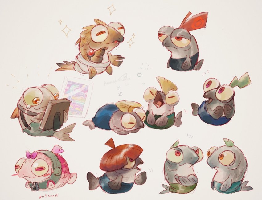 aged_down ahoge animal animal_focus artist_name baby big_shot_(splatoon) blonde_hair blue_pants blunt_bangs blush blush_stickers bow bowl_cut bulging_eyes closed_mouth clothed_animal colored_sclera crossed_arms diaper dolphin drawing_(object) drizzler_(splatoon) english_text eye_contact fish flipper-flopper_(splatoon) from_side full_body gem green_hair green_pants grey_background hair_bow half-closed_eyes happy highres holding holding_drawing horizontal_pupils jewelry kamabokobun lisa_frank_(company) looking_at_another lying maws_(splatoon) nintendo no_humans notice_lines on_stomach open_mouth orange_eyes own_hands_together pants picture_frame pink_bow pink_eyes pink_hair pouch profile red_eyes red_gemstone red_hair ring salmon_run_(splatoon) scrapper_(splatoon) short_hair signature simple_background single_tooth sketch slammin&#039;_lid_(splatoon) sleeping smallfry_(splatoon) smile sparkle splatoon_(series) steel_eel_(splatoon) steelhead_(splatoon) stinger_(splatoon) sweat tears teeth wide-eyed yawning yellow_sclera zipper_pull_tab zzz