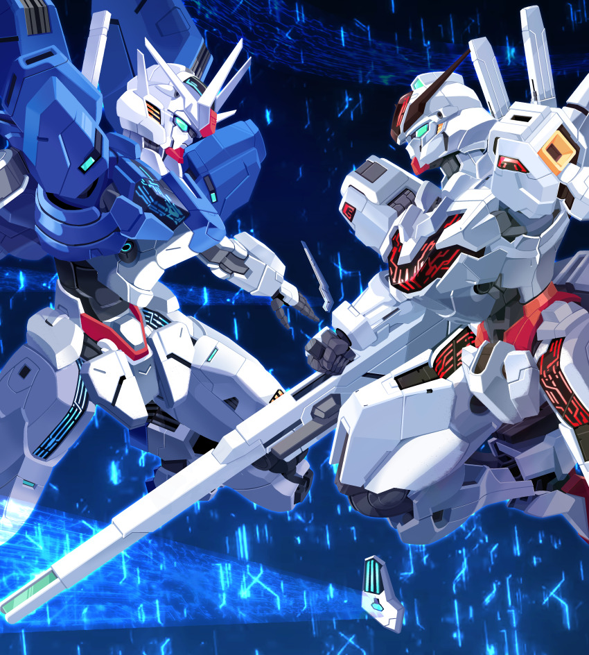 absurdres aqua_eyes beam_cannon bit_(gundam) commentary_request commission energy_cannon gundam gundam_aerial_rebuild gundam_calibarn gundam_suisei_no_majo highres holding holding_cannon holding_weapon korean_commentary mecha mobile_suit no_humans robot science_fiction ttrtag v-fin weapon