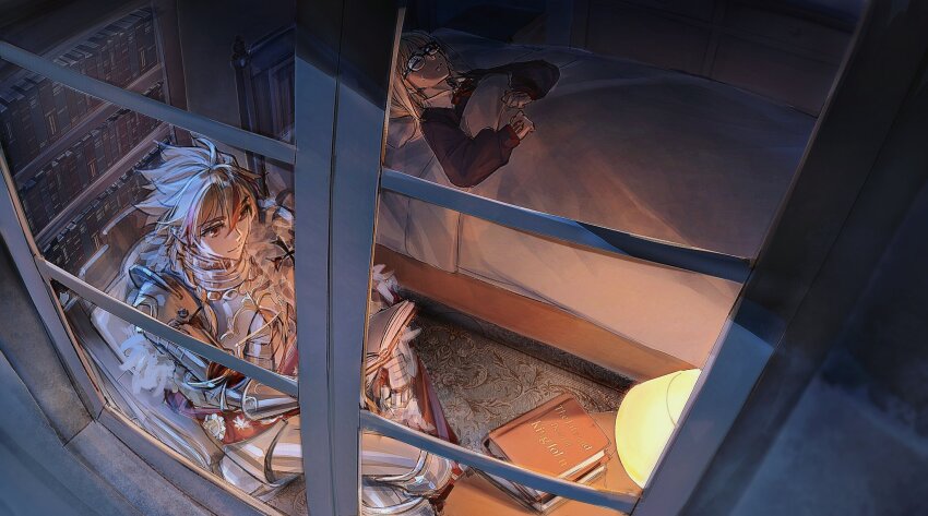 1boy 1girl armor bed blonde_hair bow bowtie chest_of_drawers closed_mouth command_spell commentary crossed_legs desk_lamp fate/strange_fake fate_(series) from_outside glasses highres lamp light_smile machikokom43502 medium_hair multicolored_hair on_bed reading red_bow red_bowtie red_eyes richard_i_(fate) sajou_ayaka_(fate/strange_fake) shelf short_hair sitting sleeping sleepy streaked_hair sweatdrop wide_shot window