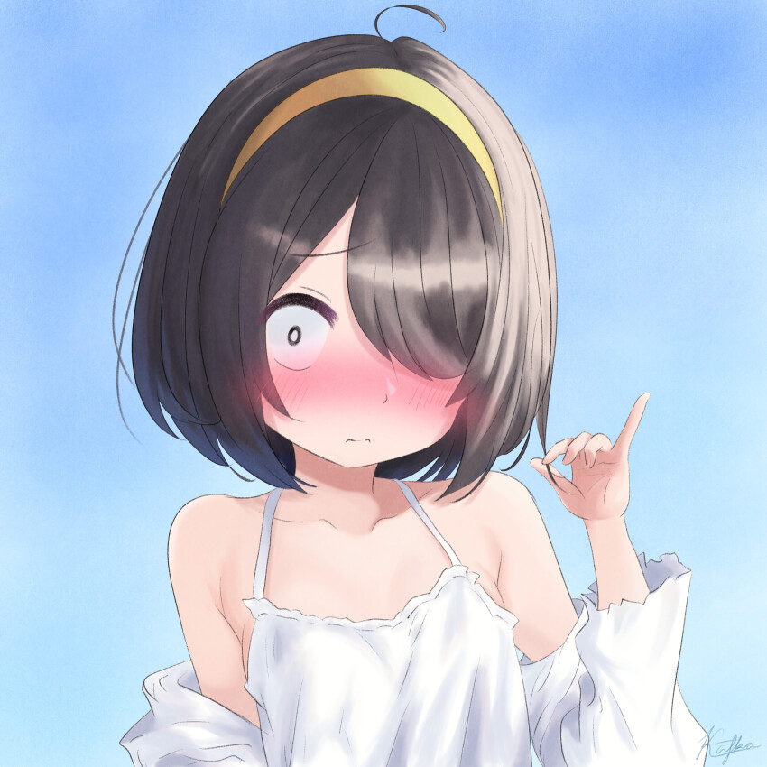 1girl absurdres black_eyes black_hair blue_sky blush bright_pupils camisole day embarrassed hairband hand_up highres jijou_wo_shiranai_tenkousei_ga_guigui_kuru. kafka963 looking_at_viewer medium_hair nishimura_akane outdoors pinky_out sky solo white_camisole white_pupils yellow_hairband