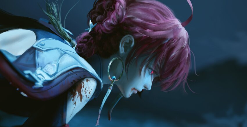 1girl absurdres blood_on_mouth blood_on_shoulder close-up closed_mouth commentary danjin_(wuthering_waves) earrings english_commentary folded_braid from_side highres hoop_earrings jewelry jvn looking_ahead profile red_eyes red_hair short_hair solo wuthering_waves