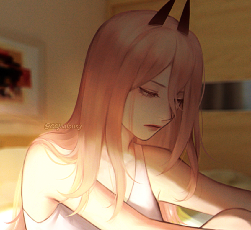 1girl blonde_hair blurry blurry_background chainsaw_man commentary czy_(2894456992) english_commentary frown half-closed_eyes horns looking_down portrait power_(chainsaw_man) profile sitting solo tank_top twitter_username white_tank_top