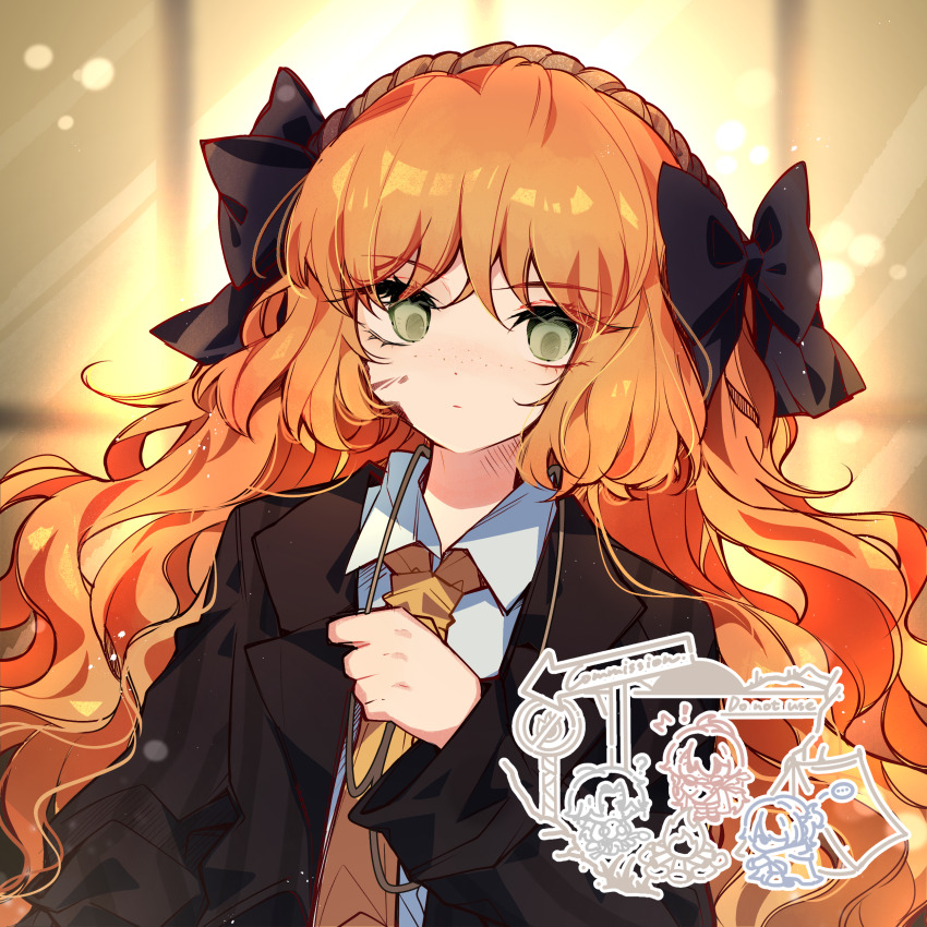 1girl absurdres black_bow black_jacket bow bygone_days_(e.g.o) closed_mouth commentary_request commission e.g.o_(project_moon) freckles green_eyes hair_bow highres homura792 ishmael_(project_moon) jacket lapels limbus_company long_hair necktie notched_lapels orange_hair orange_necktie project_moon sidelocks solo upper_body very_long_hair