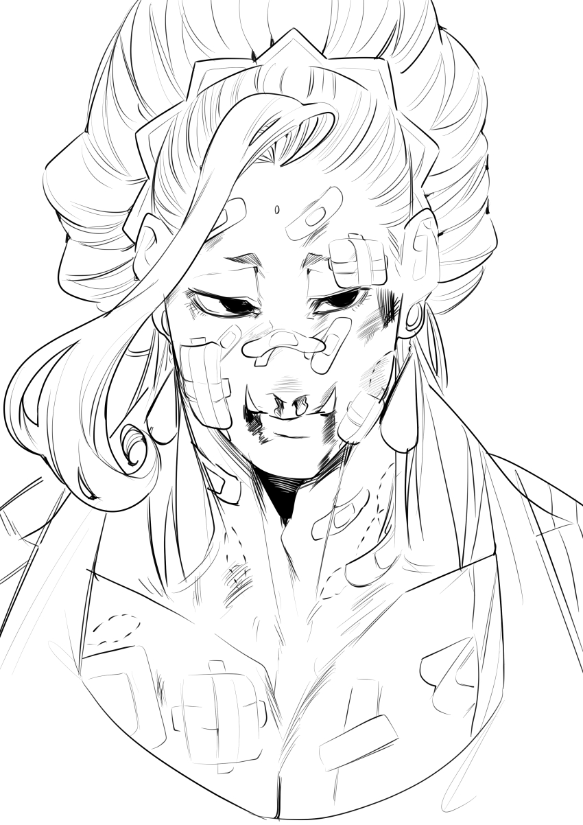 1boy absurdres bandaid bandaid_on_cheek bandaid_on_chest bandaid_on_face bandaid_on_neck bindi bite_mark bite_mark_on_cheek bite_mark_on_chest bite_mark_on_neck bruise bruise_on_face buddha_(shuumatsu_no_valkyrie) closed_mouth collarbone crown crown_hair_ornament crown_ornament ear_piercing earrings facial_mark fangs fangs_out forehead_mark greyscale hair_bun half-closed_eyes highres injury jewelry long_hair looking_at_viewer loose_hair_strand male_focus monochrome muscular muscular_male nanako_nuchitsu patch pectoral_cleavage pectorals piercing shuumatsu_no_valkyrie sideways_glance snot solo tank_top teeth toned toned_male upper_body