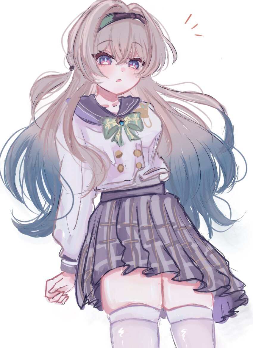 :o black_hairband blush bow bowtie collared_shirt firefly_(honkai:_star_rail) firefly_(spring_missive)_(honkai:_star_rail) gradient_eyes gradient_hair green_pupils grey_hair grey_sailor_collar grey_skirt hair_between_eyes hair_intakes hair_tubes hairband highres honkai:_star_rail honkai_(series) long_hair multicolored_eyes multicolored_hair notice_lines omochi_7btn plaid_bow plaid_bowtie plaid_clothes pleated_skirt sailor_collar shirt simple_background skirt thighhighs white_background white_shirt white_thighhighs