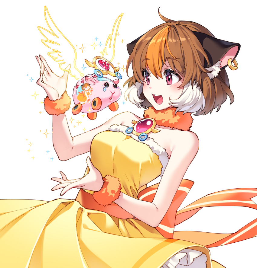 1girl abbey_(pui_pui_molcar) ahoge bare_shoulders brown_eyes brown_hair commentary_request cowboy_shot dress earrings guinea_pig guinea_pig_ears highres itasha jewelry magical_girl molcar morumi multicolored_hair nardack open_mouth orange_scrunchie pui_pui_molcar round_teeth scrunchie simple_background smile solo streaked_hair teeth upper_teeth_only white_background wings wrist_scrunchie yellow_dress