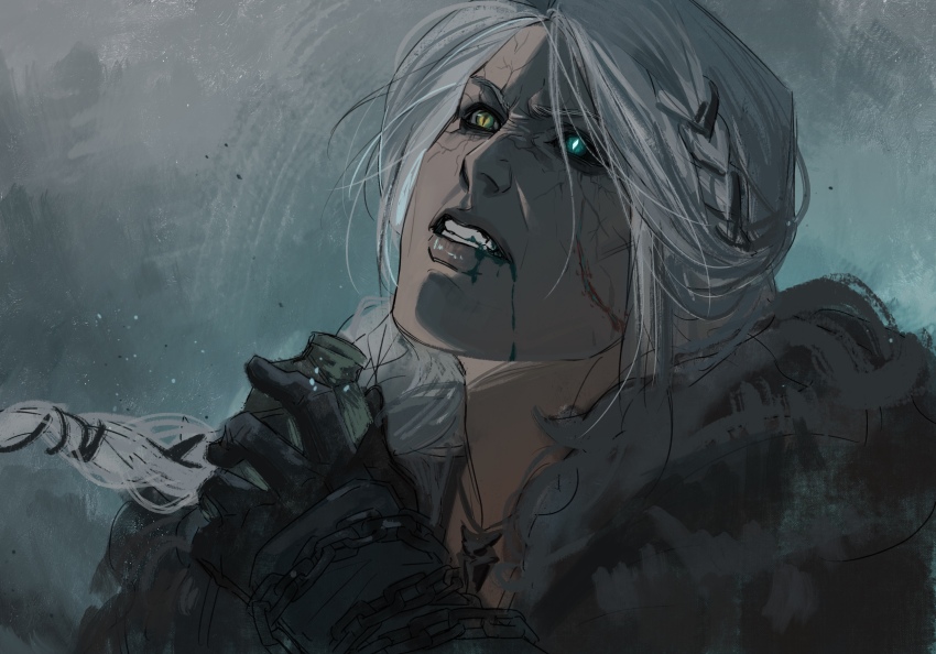 1girl absurdres black_sclera blue_eyes braid braided_ponytail ciri colored_sclera facial_scar grey_sky heterochromia highres long_hair looking_up outdoors portrait scar scar_on_cheek scar_on_face sky slit_pupils solo suansusu teeth the_witcher_(series) the_witcher_4 white_hair yellow_eyes