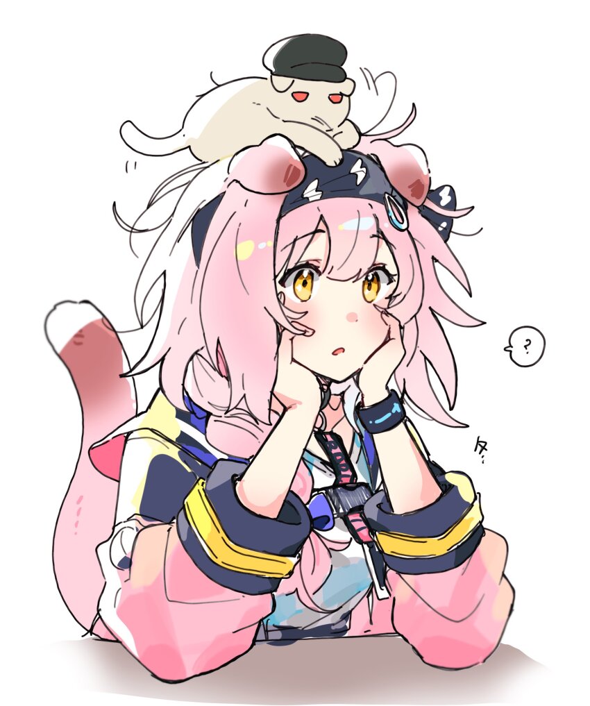 1girl absurdres animal animal_ears animal_on_head animalization arknights black_headband blue_bow blush bow bracelet braid brown_headwear cabbie_hat cat cat_ears cat_on_head cat_tail floppy_ears goldenglow_(arknights) hair_bow hat headband highres infection_monitor_(arknights) jacket jewelry on_head open_mouth pink_hair pink_jacket red_(npc)_(arknights) scottish_fold shirt simple_background tail upper_body wed_(lim38869577) white_background white_shirt yellow_eyes