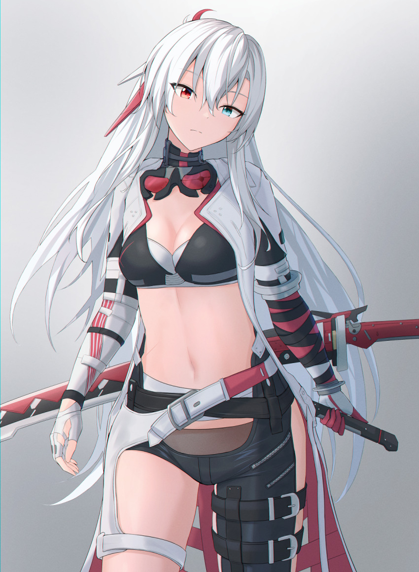 1girl alpha_(pgr) asymmetrical_clothes asymmetrical_gloves asymmetrical_legwear blue_eyes breasts broken_goggles cesvelox cleavage dagger fingerless_gloves gloves goggles grey_background hair_between_eyes heterochromia highres holding holding_dagger holding_knife holding_weapon knife long_hair looking_at_viewer lucia:_crimson_weave_(pgr) medium_breasts midriff navel punishing:_gray_raven red_eyes red_goggles scar scar_on_stomach simple_background single_pantsleg solo sports_bra sword thigh_strap very_long_hair weapon white_gloves white_hair zipper