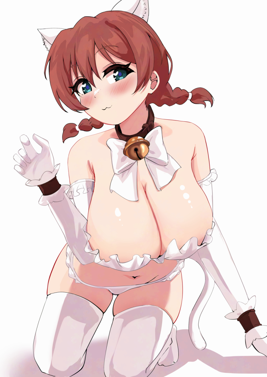 :3 animal_ears aqua_eyes bell bikini blush bow braid breasts brown_hair cat_ears cat_tail claw_pose cleavage closed_mouth elbow_gloves emma_verde freckles gloves hair_between_eyes highres kneeling looking_at_viewer love_live! love_live!_nijigasaki_high_school_idol_club medium_hair neck_bell pisagi shadow simple_background smile swimsuit tail thighhighs twin_braids white_background white_bikini white_bow white_gloves white_thighhighs