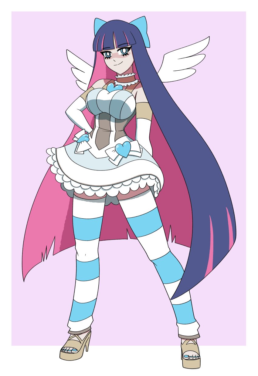 1girl absurdres angel_wings arms_behind_back black_hair blue_bow blue_eyes blue_nails blunt_bangs bow breasts brown_choker choker colored_inner_hair commentary dress elbow_gloves english_commentary full_body gloves hair_bow heart high_heels highres large_breasts long_hair ludinsketches multicolored_hair nail_polish panty_&amp;_stocking_with_garterbelt pink_hair short_dress smile solo stocking_(psg) striped_clothes thighhighs toenail_polish toenails two-tone_hair very_long_hair white_dress white_gloves wings zettai_ryouiki
